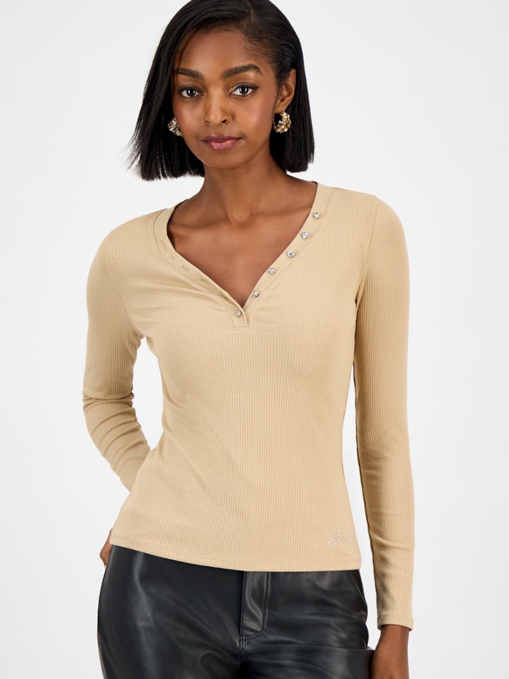 NWT Guess Sz Med Women's Crystal Logo Button Kyla Ribbed Knit Henley Top Ret $59